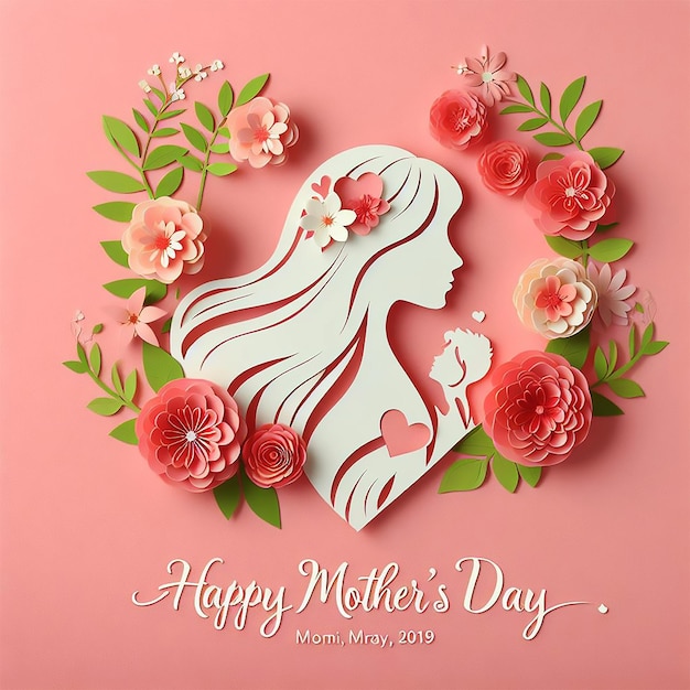 Happy Mothers Day card of papercut mom and flowers