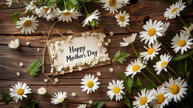 Photo a happy mothers day card with daisies on a wooden background