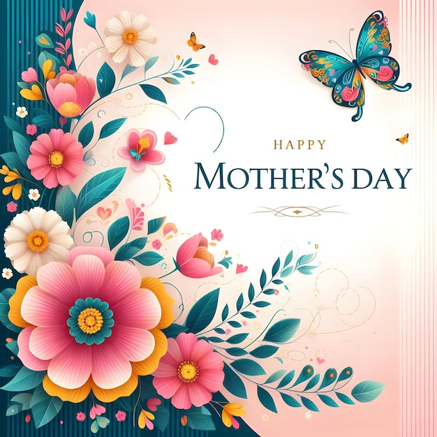 a happy mothers day card with flowers and butterflies