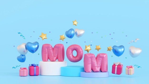 Happy mothers day Celebration Balloon Mom text on podium with gift box heart love 3D rendering