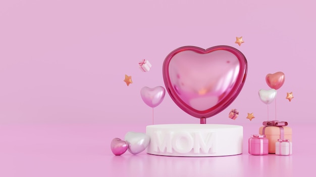 Happy mothers day Celebration Balloon Mom text on podium with gift box heart love 3D rendering