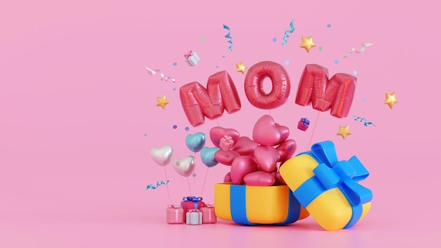 Happy mothers day Celebration Balloon Mom text with gift box heart love 3D rendering