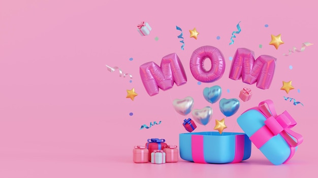 Happy mothers day Celebration Balloon Mom text with gift box heart love 3D rendering