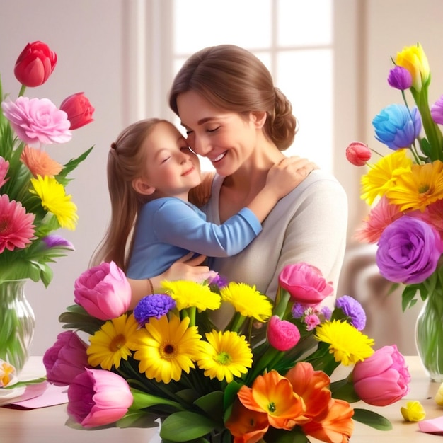 Happy mothers day celebration with a colorful bouquet of flowers and a loving embrace between