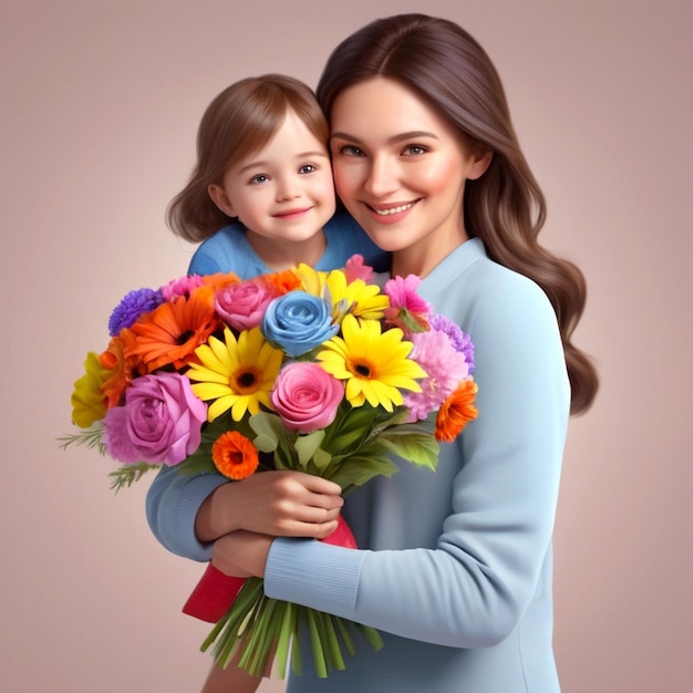 Happy mothers day celebration with a colorful bouquet of flowers and a loving embrace between