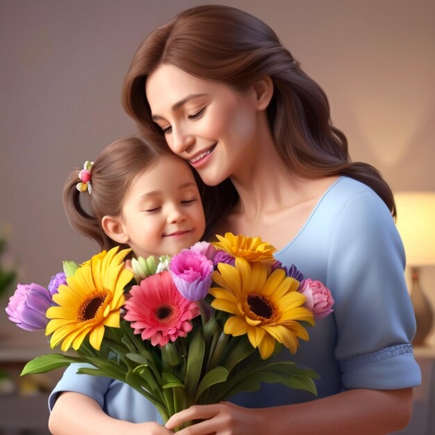 Happy mothers day celebration with a colorful bouquet of flowers and a loving embrace between