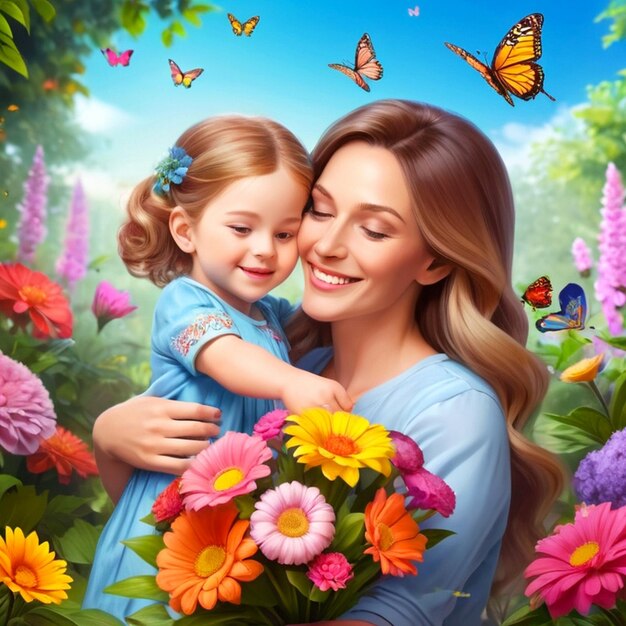 Happy mothers day celebration with a colorful bouquet of flowers and a loving embrace between