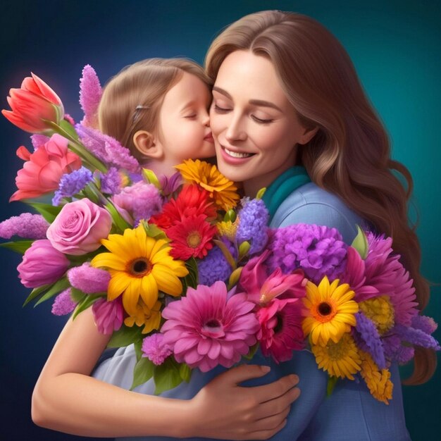 Happy mothers day celebration with a colorful bouquet of flowers and a loving embrace between