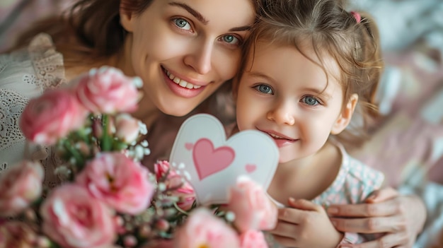 Photo happy mothers day child daughter congratulates moms and gives her a postcard and flowers tulips