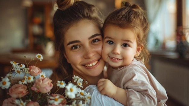 Happy mothers day Child daughter congratulates moms and gives her a postcard and flowers tulips