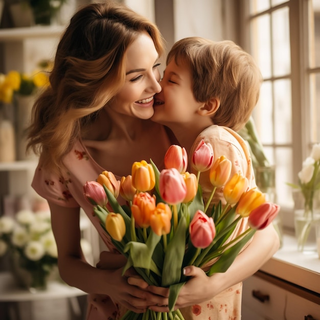 happy mothers day child son congratulates mother on holiday and gives flowers