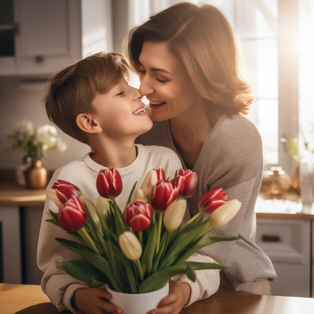 happy mothers day child son congratulates mother on holiday and gives flowers