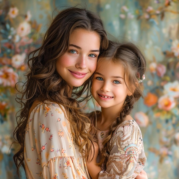 Photo happy mothers day concept of a mother and daughter together hugging each background