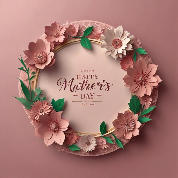 Happy Mothers Day elegant card design with 3D paper flowers on pink background