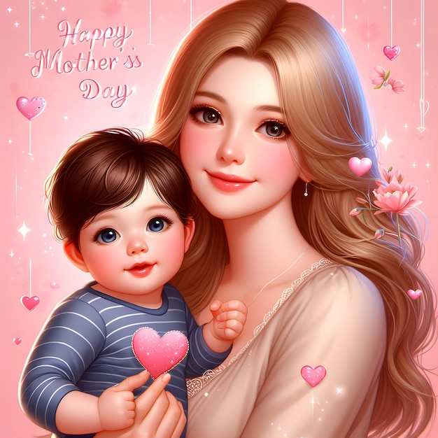 Happy mothers day event poster with mother and child Mom and daughter love background for mothers