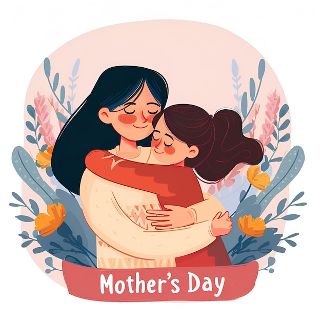 Happy Mothers day floral cartoon Illustration mother with her child