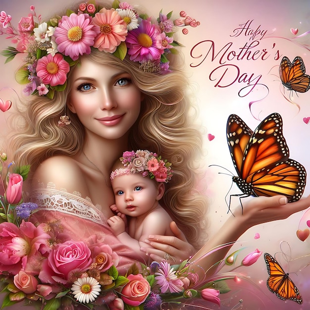 Happy Mothers Day Greeting Blooms and Butterflies