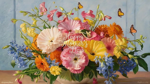 Happy Mothers Day Greeting Blooms and Butterflies