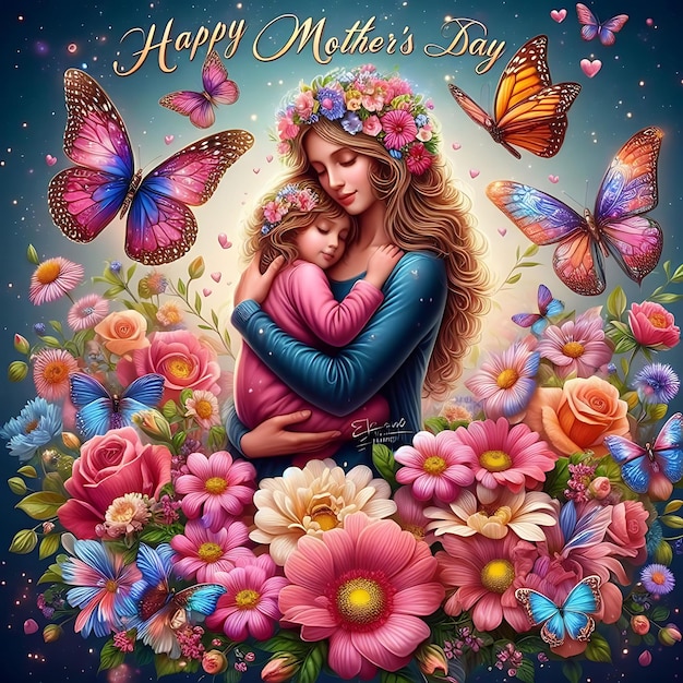 Happy Mothers Day Greeting Blooms and Butterflies