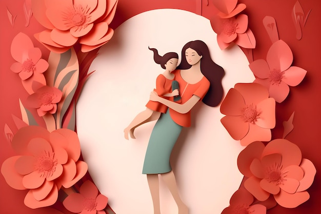 Happy mothers day greeting card of papercut mom and daughter with flowers in red colors Holiday family background concept Generated ai