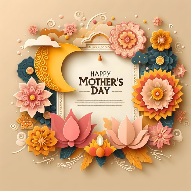 a happy mothers day greeting card with flowers and a moon