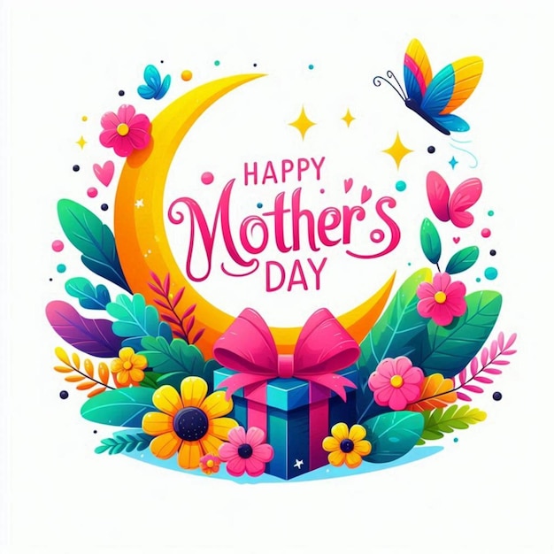 a happy mothers day greeting card with a moon and flowers