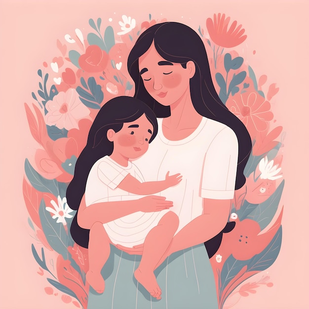 Happy mothers day illustration with mother and her children hug