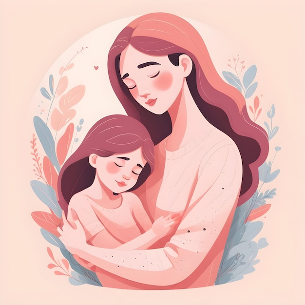 Happy mothers day illustration with mother and her children hug