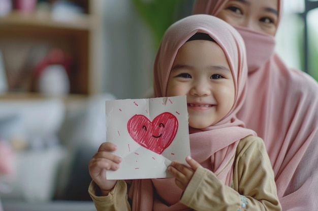 Happy Mothers Day Little girl hugs Muslim mom lovingly