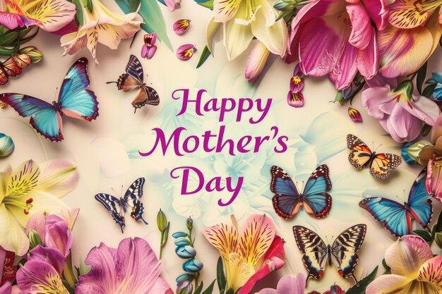 Happy Mothers Day message with vibrant flowers and butterflies a heartwarming greeting card design