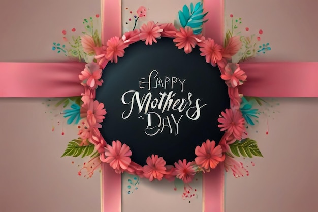 Happy Mothers Day Vector Festive Holiday Illustration With Lettering And Pink Ribbon Heart