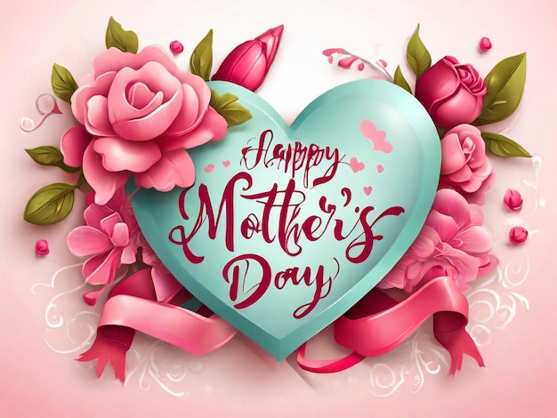 Happy Mothers Day Vector Festive Holiday Illustration With Lettering And Pink Ribbon Heart