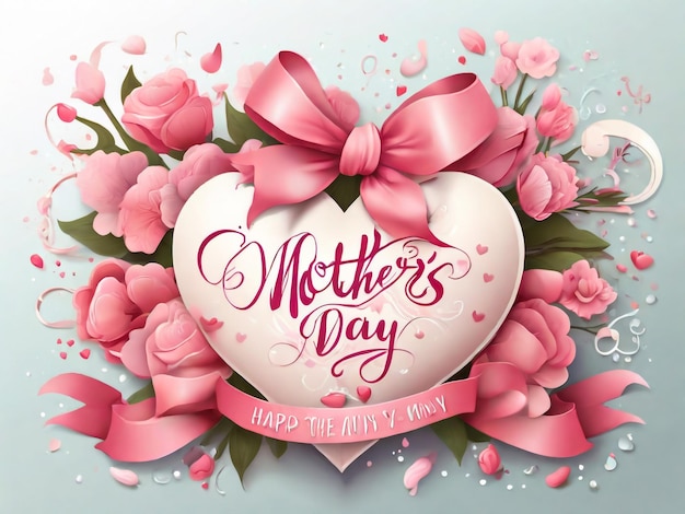 Happy Mothers Day Vector Festive Holiday Illustration With Lettering And Pink Ribbon Heart