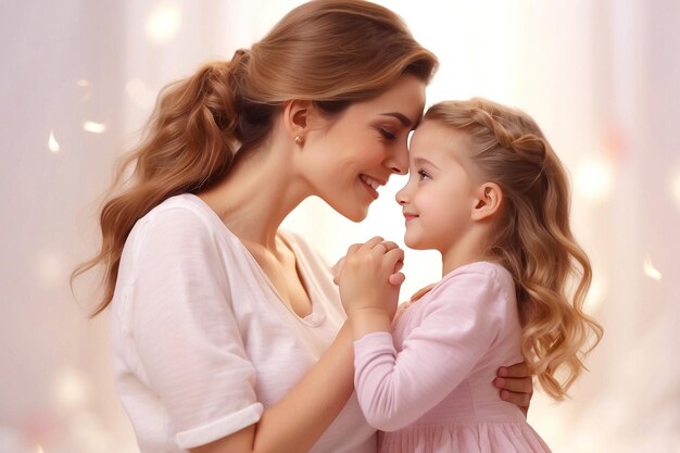 Happy mothers day with a mother and child holding hands young mom kissing daughter and girls