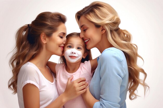 Happy mothers day with a mother and child holding hands young mom kissing daughter and girls