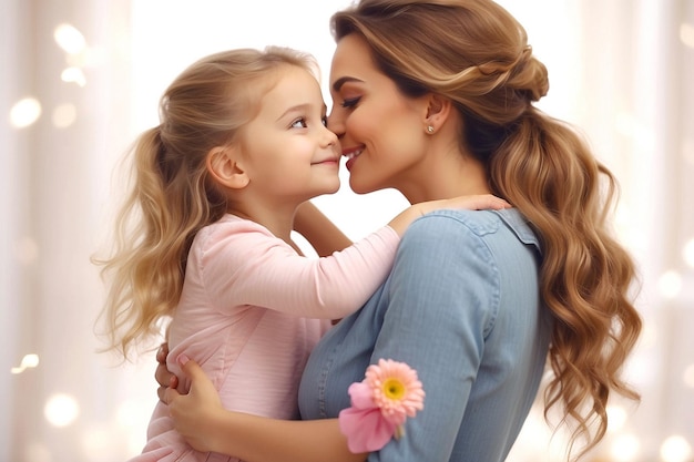 Happy mothers day with a mother and child holding hands young mom kissing daughter and girls