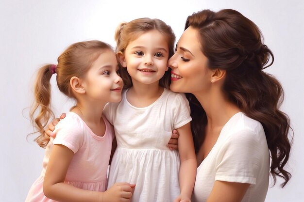 Happy mothers day with a mother and child holding hands young mom kissing daughter and girls