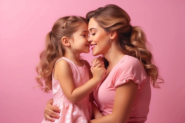 Happy mothers day with a mother and child holding hands young mom kissing daughter and girls