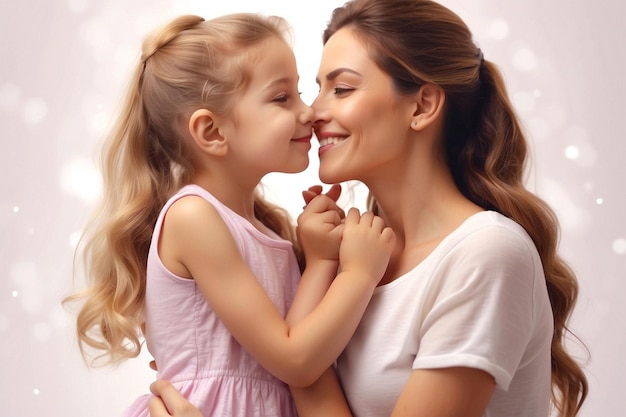 Happy mothers day with a mother and child holding hands young mom kissing daughter and girls