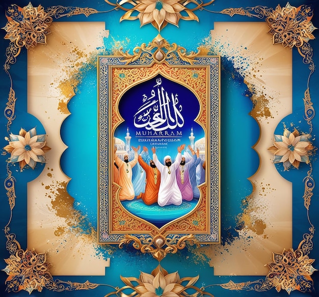 Happy Muharram blue background with golden frame vector