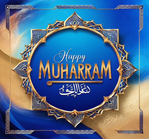 Happy Muharram blue background with golden frame vector