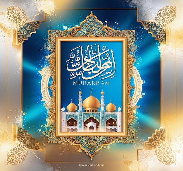 Happy Muharram blue background with golden frame vector