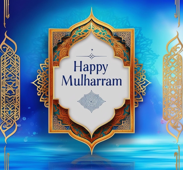 Happy Muharram blue background with golden frame vector