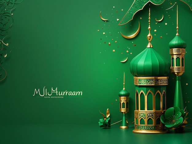 happy muharram green shiny Islamic background banner