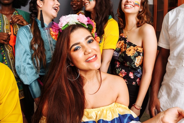 Happy multi ethnic multicultural young students have a party looking at camera smiling posing together at meeting tolerance and racial equality concept