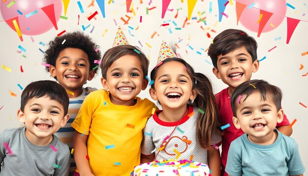 Photo happy multicultural group of kids with colorful confetti during birthday party isolated with white