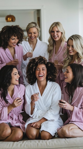 Happy multiethnic female friends in bathrobes have fun laugh enjoy bachelorette bridal shower at sp