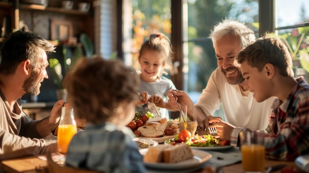 Photo happy multigeneration family gathering around dining