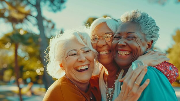 Happy multiracial senior women having fun together in the park Elderly generation hugging