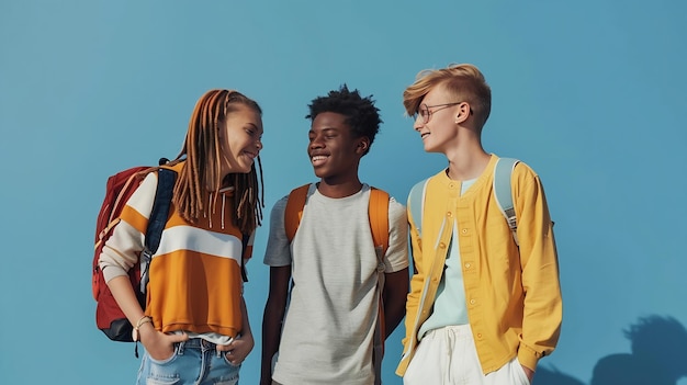 Photo happy multiracial students standing over isolated blue background diverse teenage fr generative ai